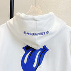 White zip hoodie with blue back graphic above the collar