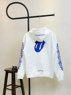 White hoodie front view with blue flame-like emblem and hood drawstrings