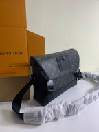 Louis Vuitton monogram crossbody bag angled view with flap and shoulder strap