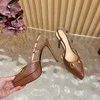 Brown Gucci slingback heeled mules, pointed toe, thin stiletto heel, gold hardware