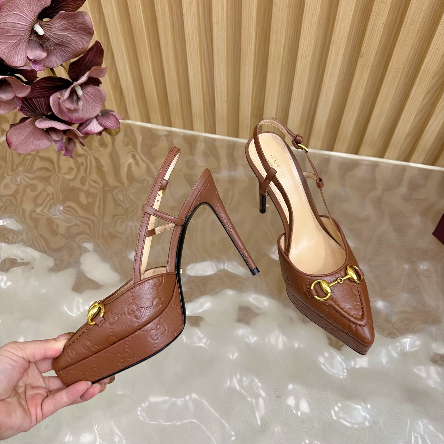 Brown Gucci slingback heeled mules, pointed toe, thin stiletto heel, gold hardware
