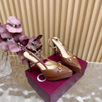 Brown Gucci slingback heeled mules on magenta box, stiletto heel, gold hardware