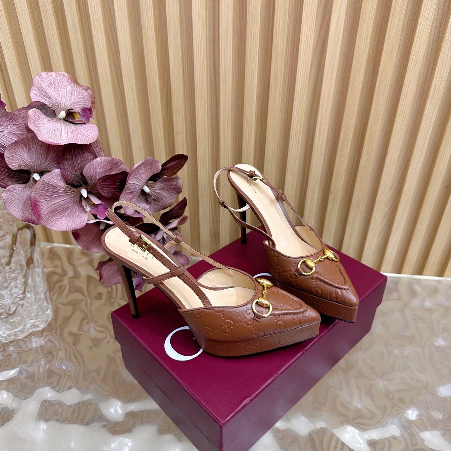 Brown Gucci slingback heeled mules on magenta box, stiletto heel, gold hardware