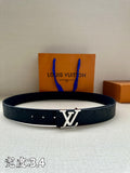 Dark blue leather belt with silver-tone LV buckle and adjustable holes