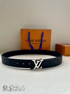Dark blue leather belt with silver-tone LV buckle and adjustable holes