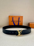 Louis Vuitton embossed leather belt, dark blue with gold LV buckle