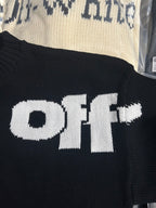 Black knit sweater with large white Off-White text logo across front