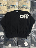 Black knit sweater with large white Off-White logo on chest