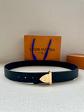 Louis Vuitton belt in dark blue leather with gold-tone buckle and keeper