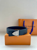 Louis Vuitton belt in dark blue leather with gold-tone buckle on box