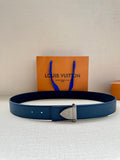 Blue leather belt with silver buckle and LV logo, visible holes on strap