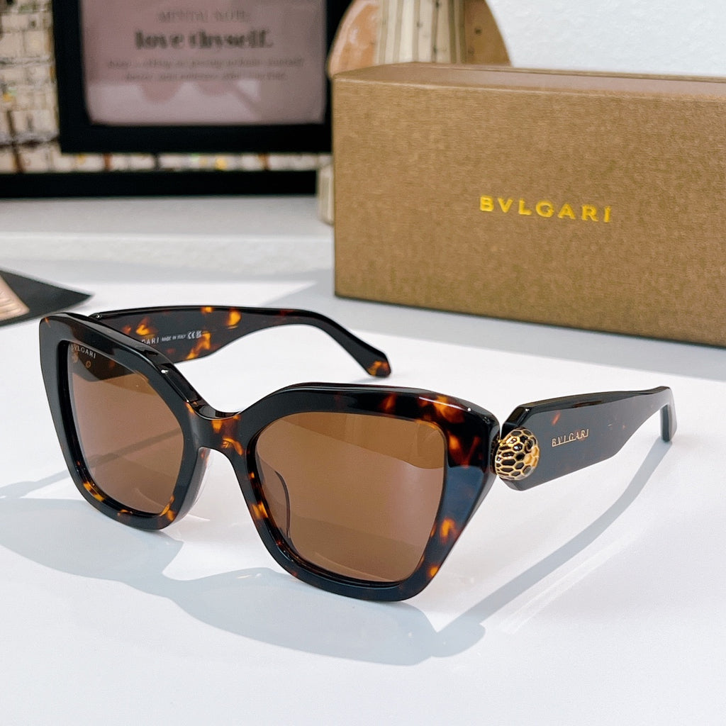 Tortoiseshell sunglasses with brown lenses and gold medallion detail on the temples