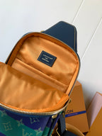 Louis Vuitton crossbody bag interior with tan lining and brand label on inner pocket