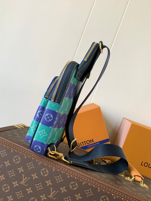 Louis Vuitton multicolor monogram crossbody bag shown from side, with adjustable strap