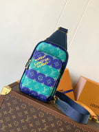 Louis Vuitton multicolor monogram crossbody bag with blue strap and front zip pocket