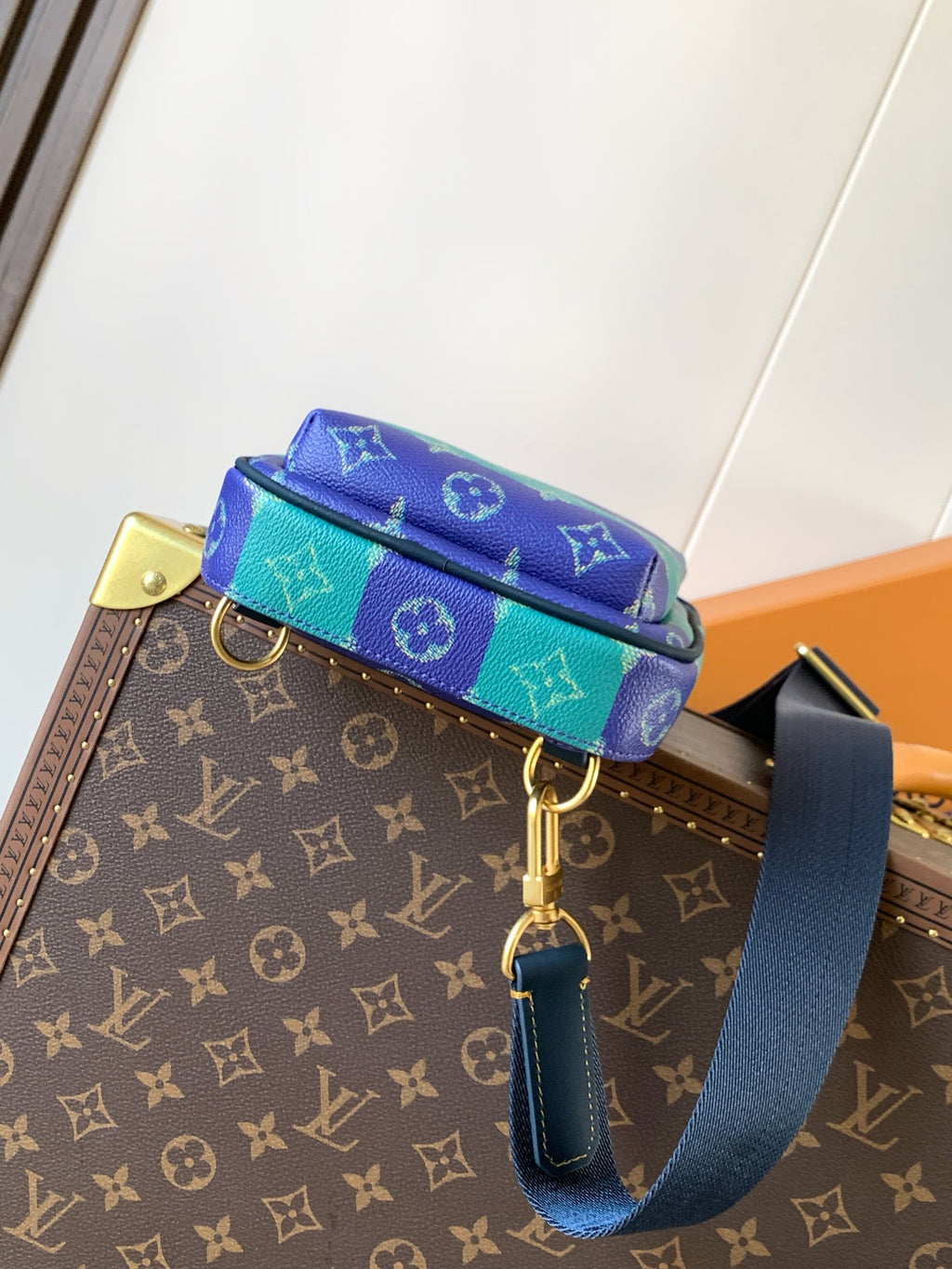 Louis Vuitton multicolor monogram mini crossbody bag with blue flap and hanging key charm