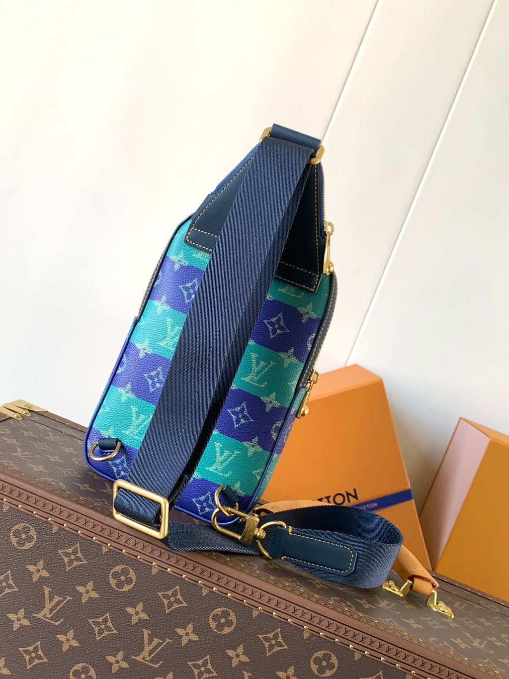 Louis Vuitton multicolor monogram crossbody bag with wide blue strap and gold hardware