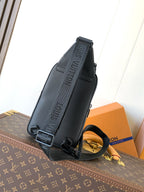 Louis Vuitton dark blue leather crossbody bag with branded strap detail and metal buckles