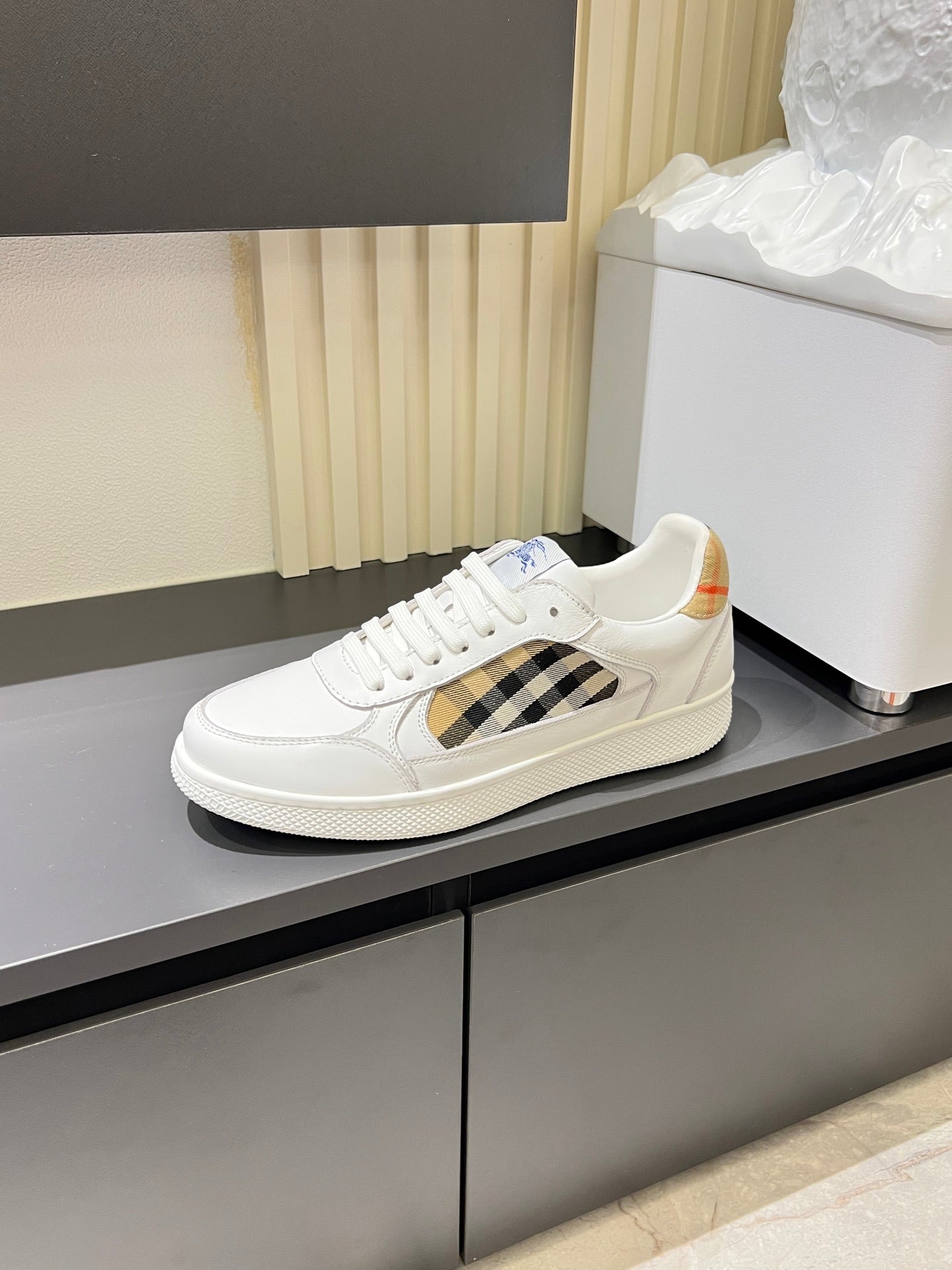 White Burberry check lace-up sneakers with low profile sole