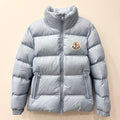 Light blue long puffer jacket with full-zip front and stand collar