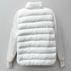 White long puffer jacket with quilted horizontal baffles and stand collar