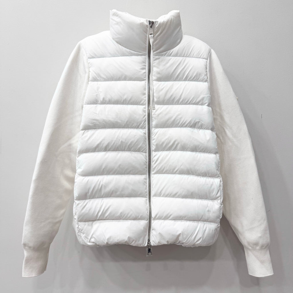 White long puffer jacket with zip front and quilted horizontal baffles