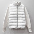White long puffer jacket with zip front and quilted horizontal baffles