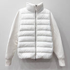 White long puffer jacket with zip front and quilted horizontal baffles