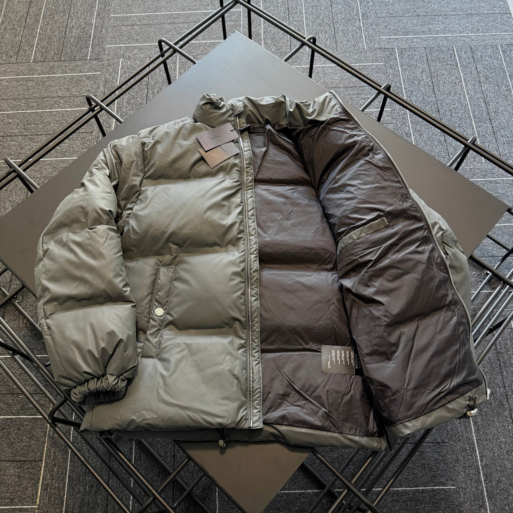 Prada long puffer jacket, two-tone olive and dark interior lining, hood, front zip