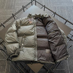 Prada long puffer jacket, two-tone olive and dark interior lining, hood, front zip