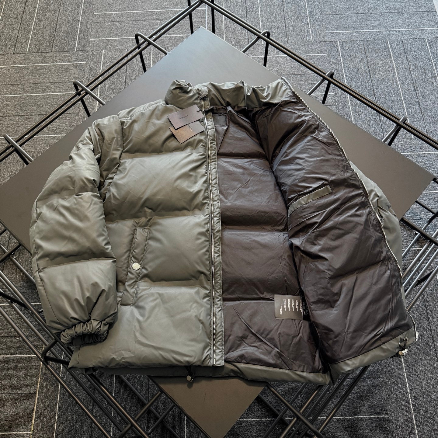 Prada long puffer jacket, two-tone olive and dark interior lining, hood, front zip