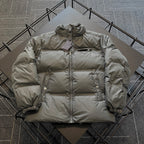 Prada long puffer jacket, olive outer, hood, front zip, ribbed sleeve cuffs
