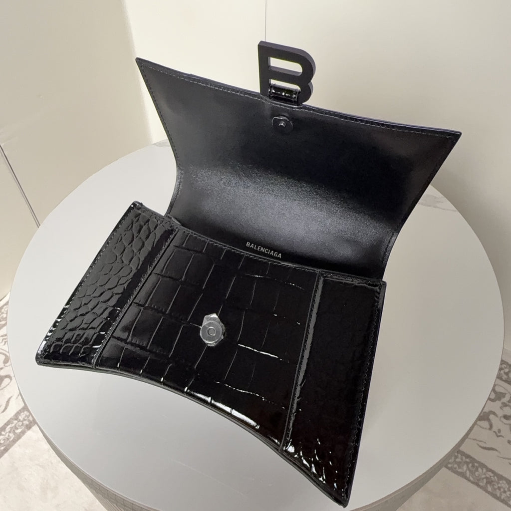 Balenciaga croc-embossed bag with open top, front clasp and B hardware, black