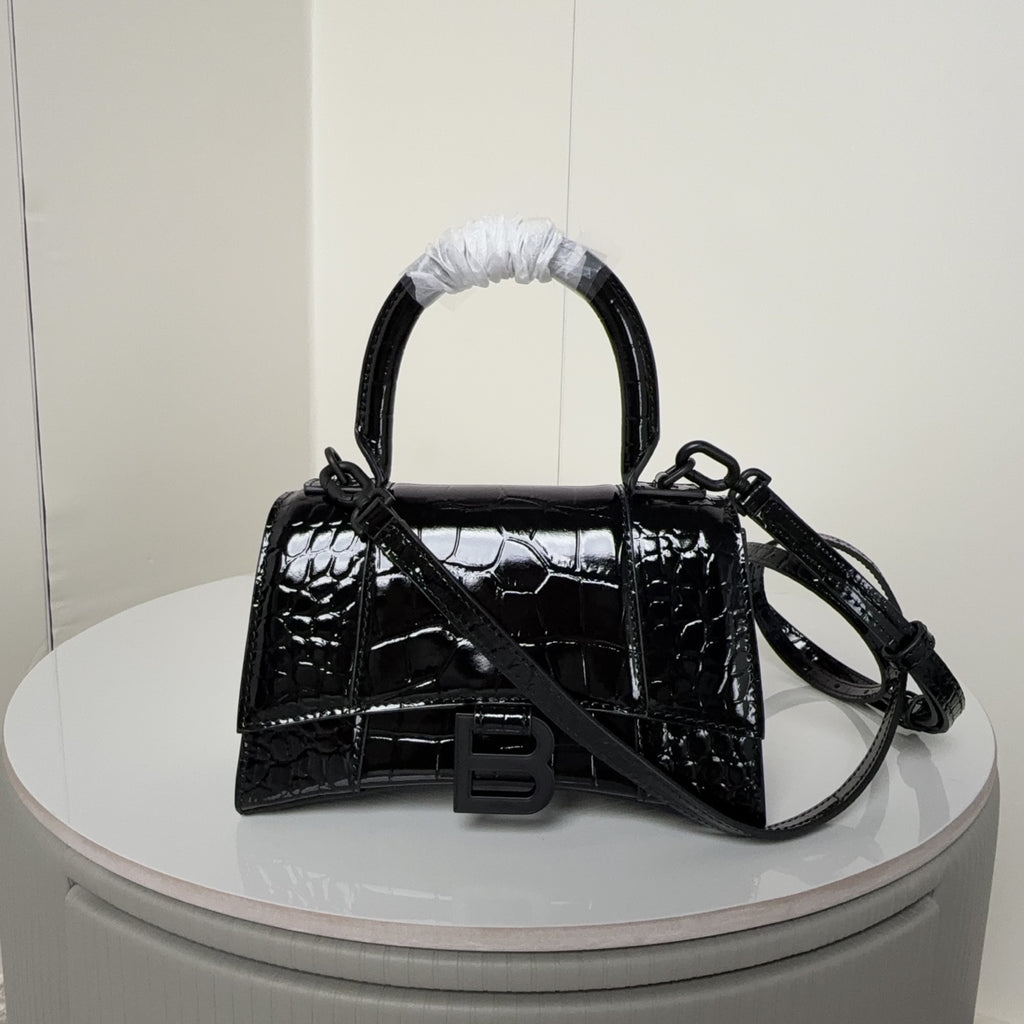 Balenciaga top-handle handbag, black glossy croc texture, B logo, shoulder strap