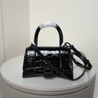 Balenciaga top-handle handbag, black glossy croc texture, B logo, shoulder strap
