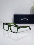 Rectangular eyeglasses with green frames and silver hinge with dark temple details
