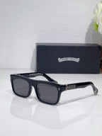 Chrome glasses with dark frames and dark-tinted lenses, wide rectangular shape