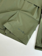 Long olive coat with printed text on inner panel