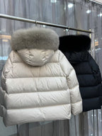 Moncler long puffer jackets, cream and black, fur-trimmed hoods (back view)