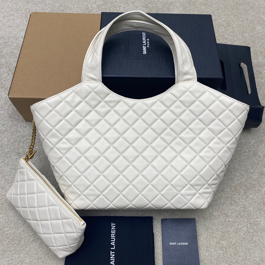 YSL white quilted tote with gold chain strap and matching small pouch