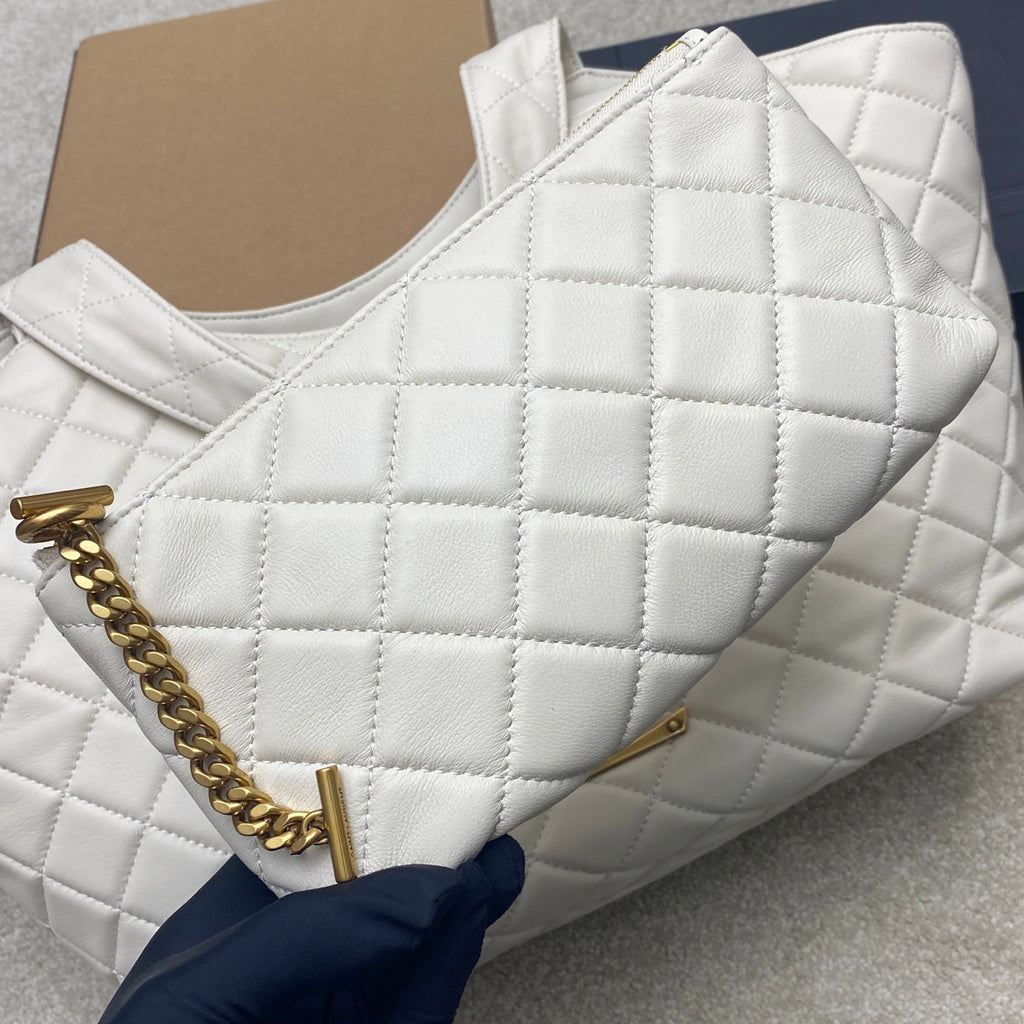 YSL white quilted shoulder bag with gold chain strap and front zip pocket
