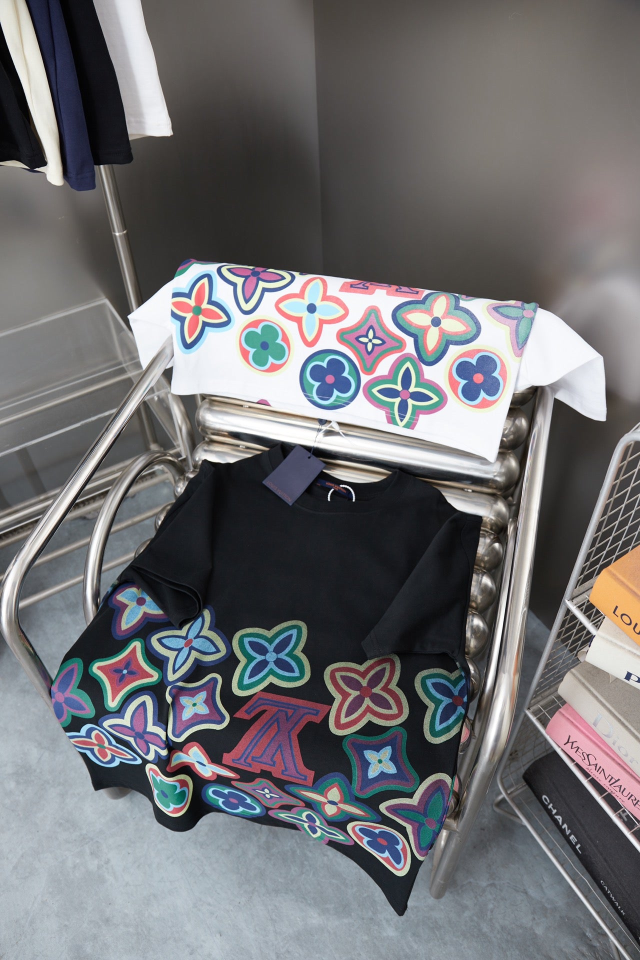 Black and white graphic T-shirt set with multicolor flower print