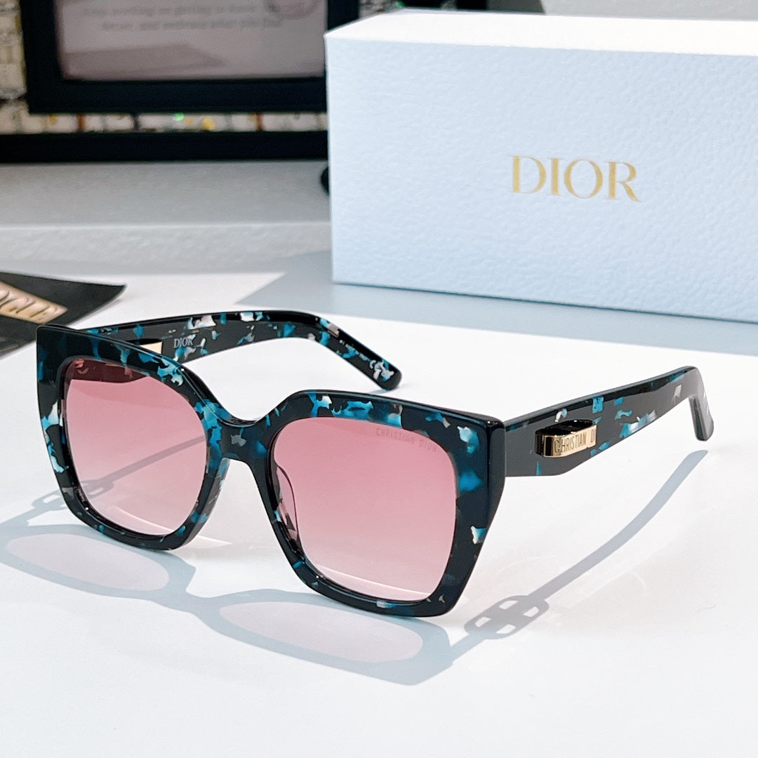 DIOR sunglasses with blue patterned square frames and pink tinted lenses