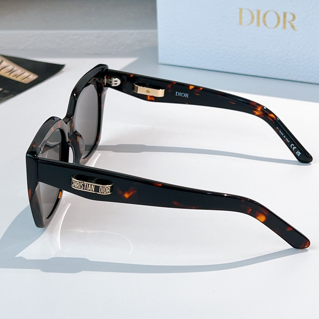 DIOR sunglasses side view with tortoiseshell temple and dark tinted lenses