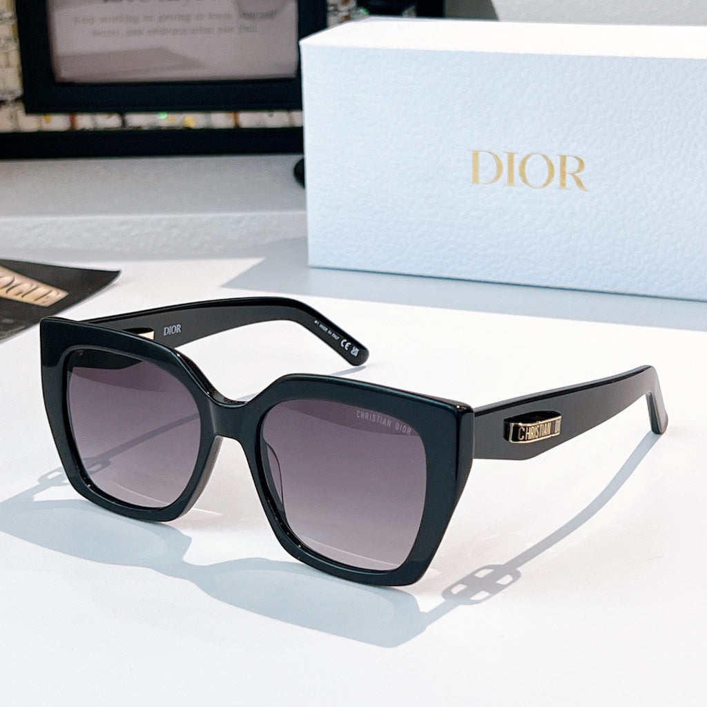 DIOR sunglasses with black square frames and dark purple tinted lenses