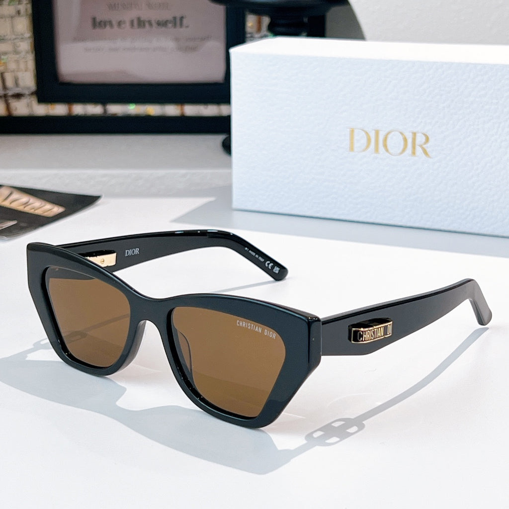 Dior sunglasses with black frame and brown tinted lenses.