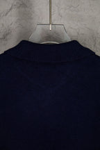 Navy knit polo sweater ribbed crew collar with high neckline edge