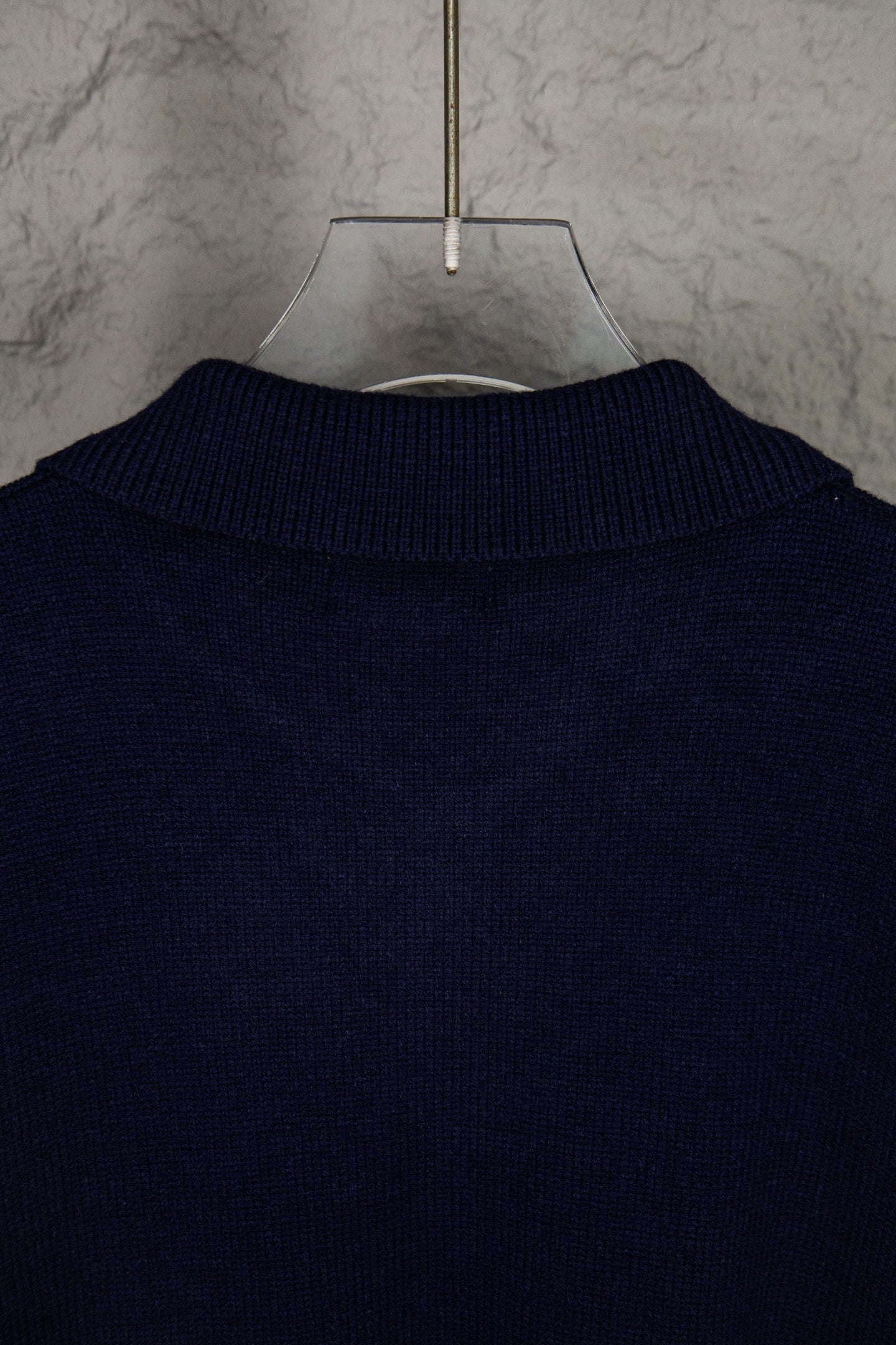 Navy knit polo sweater ribbed crew collar with high neckline edge