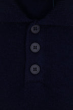 Navy knit polo sweater button placket with three dark buttons