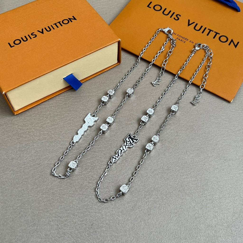 Set of silver chain necklaces with square charms and Louis Vuitton logo script